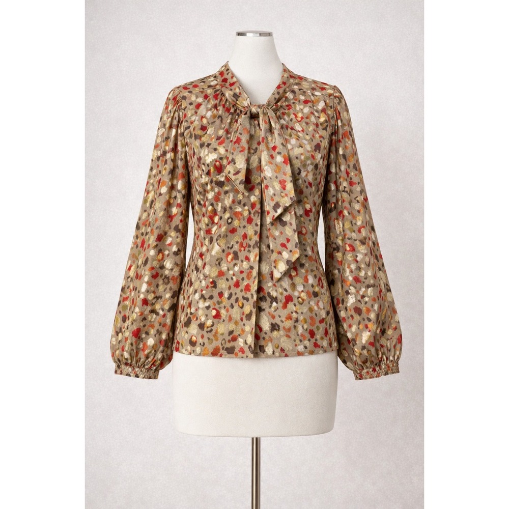 Ann Taylor Metallic Leopard Print Blouse Womens LP Tie Neck Balloon Sleeve